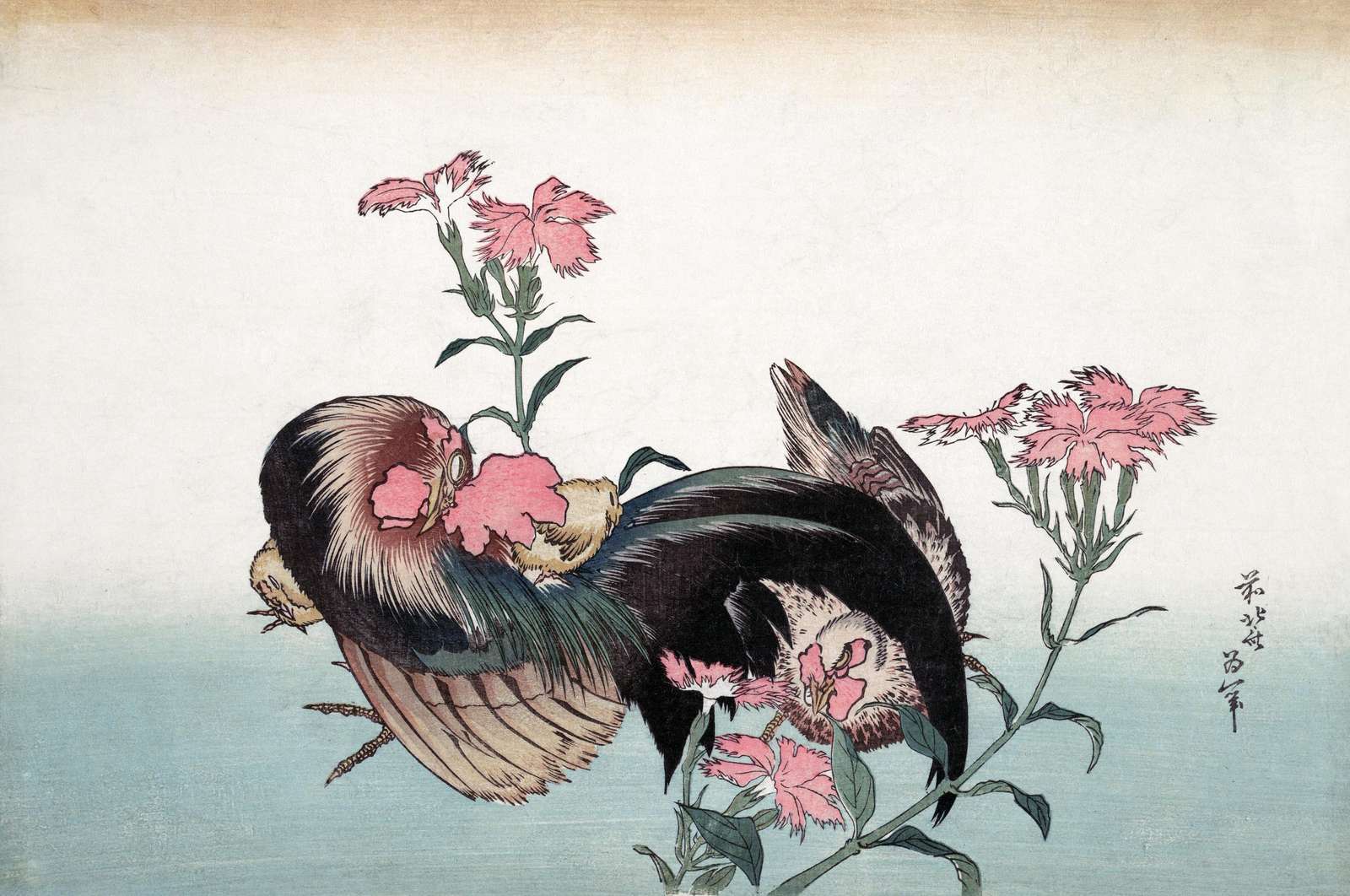 Rooster & Chicks Pink Flowers Japanese Art Wall Art
