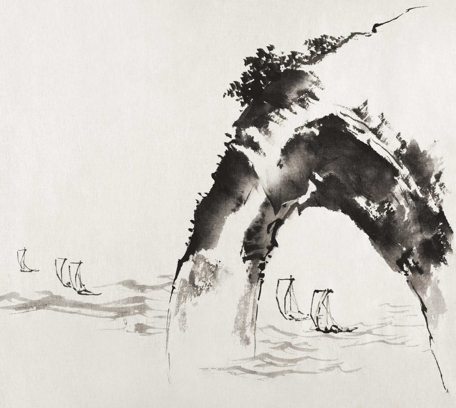 Serene Mountain & Sailboat Ink Wash Wall Art