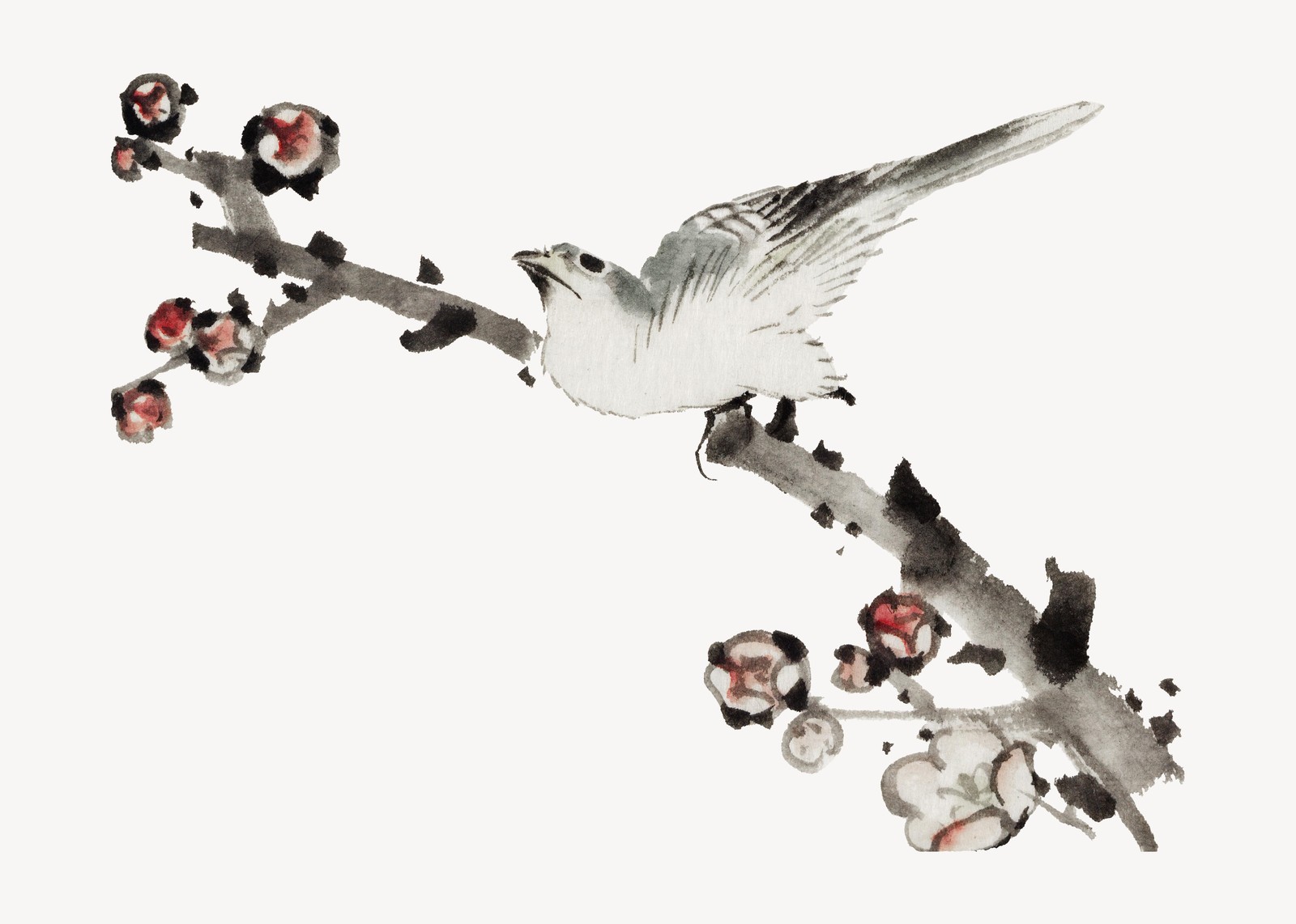 Serene Bird Plum Blossom Ink Painting Wall Art