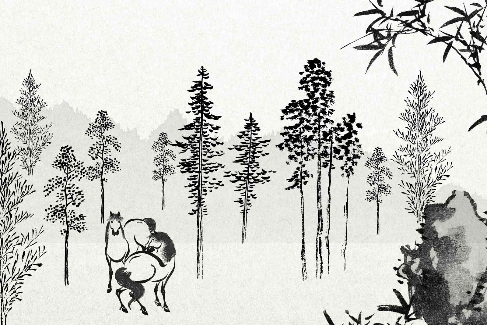 Serene Forest Horses Ink Wash Wall Art