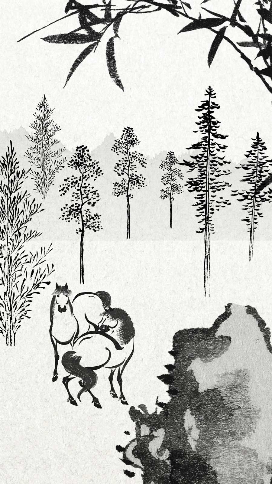 Serene Horses & Bamboo Ink Brush Wall Art