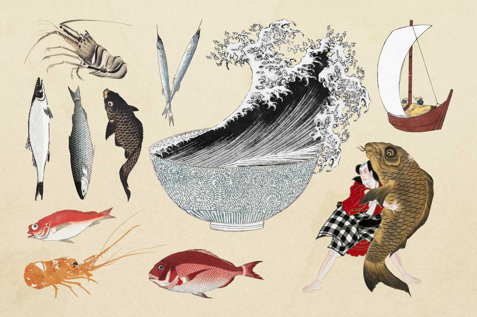 Japanese Ukiyo-e Fish & Wave Wall Art