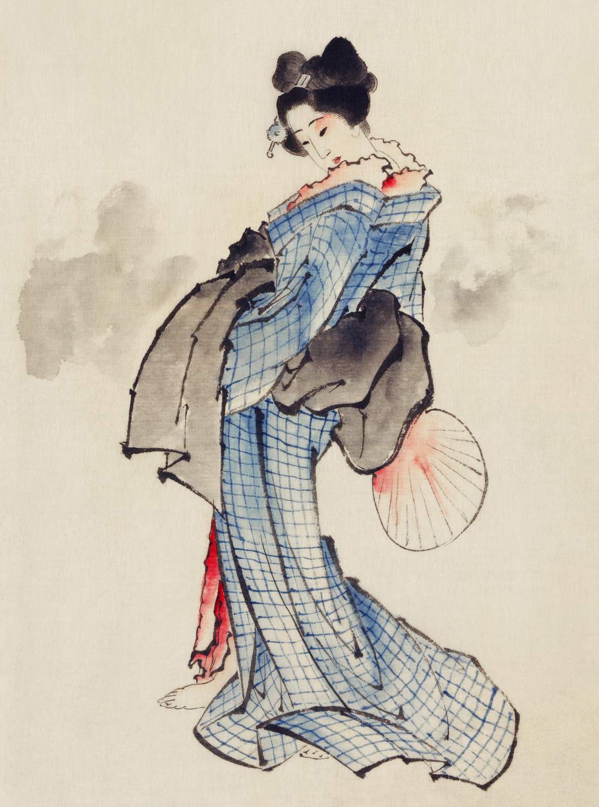 Elegant Geisha Blue Check Kimono Wall Art
