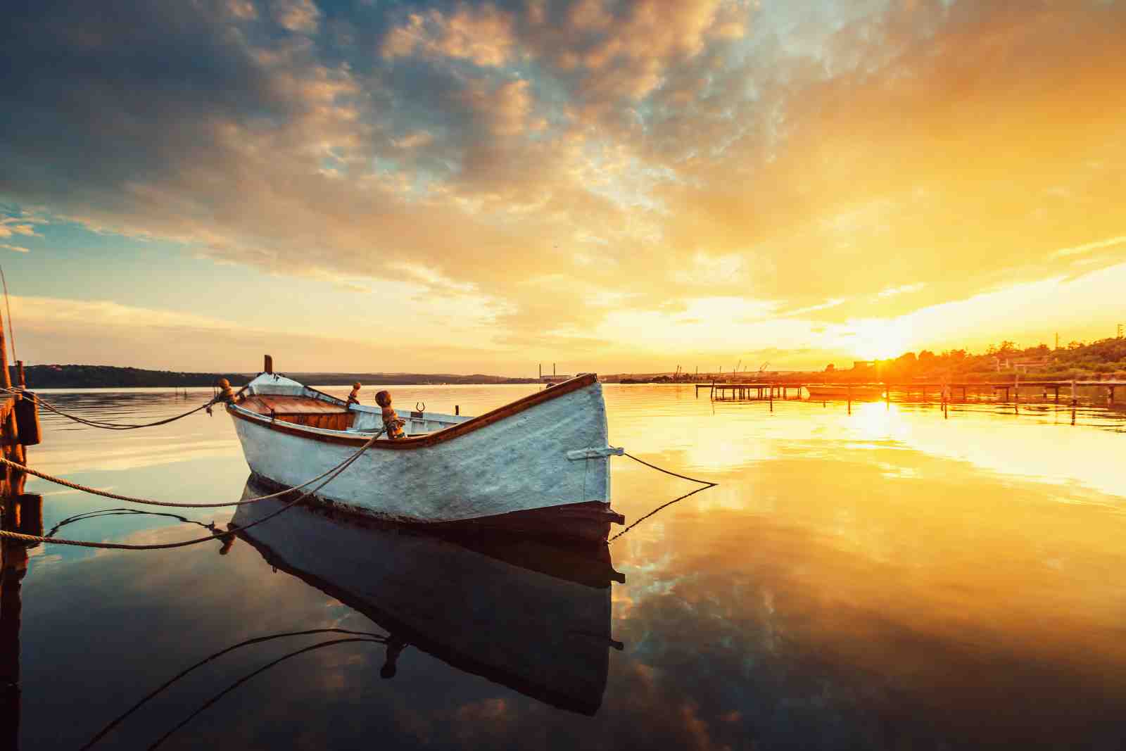 Serene Sunset Boat Tranquil Lake Wall Art