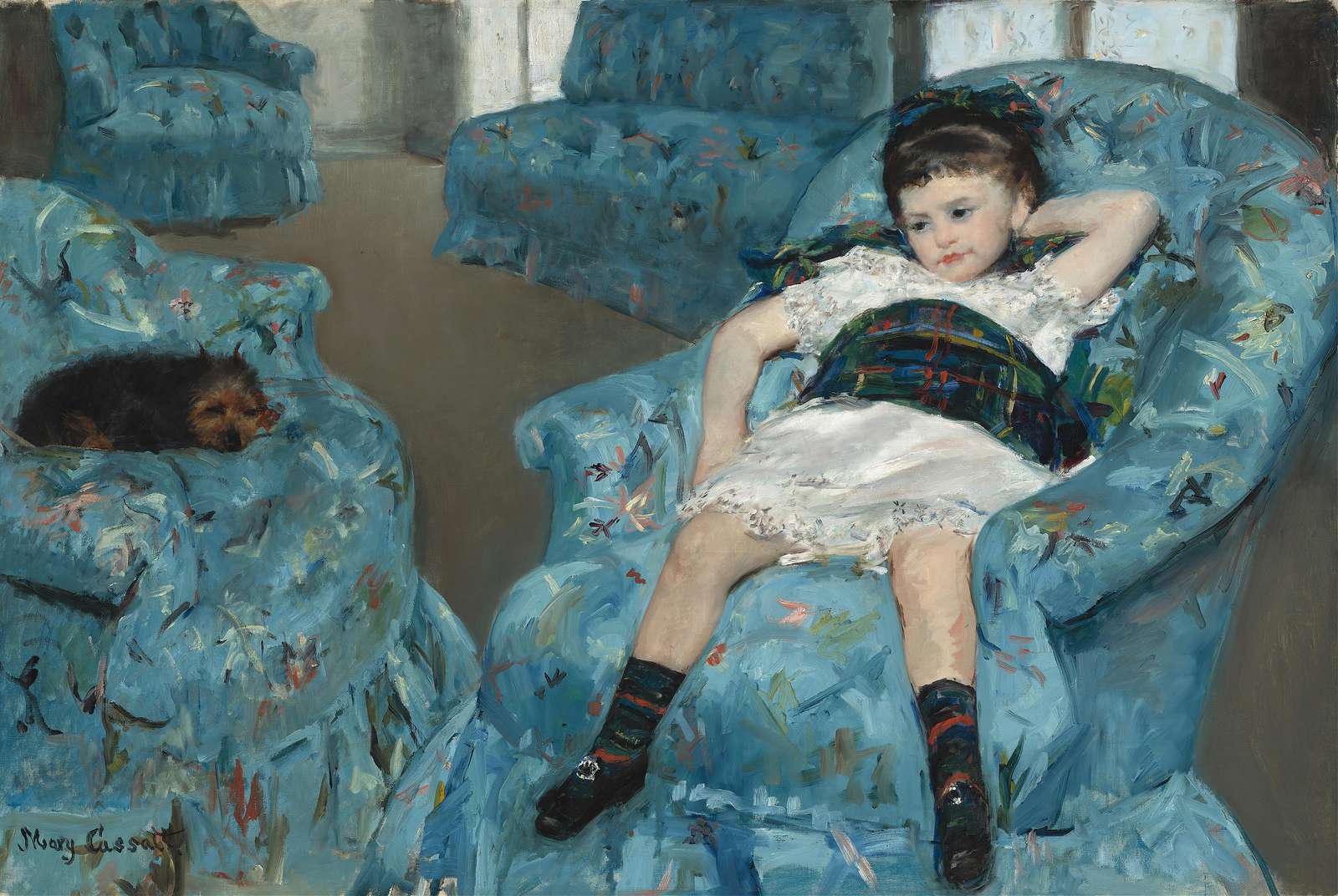 Girl With Dog in Blue Chair Wall Art