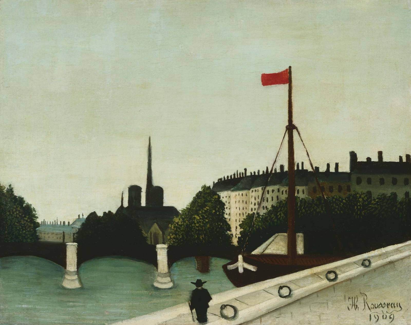 Parisian River Scene with Red Flag Wall Art