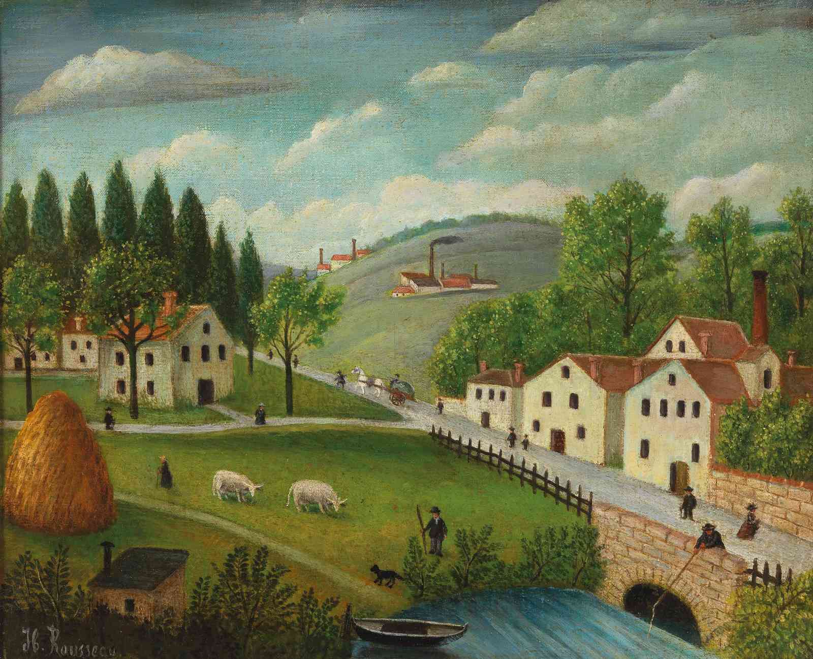Pastoral Village Landscape American Folk Art Wall Art