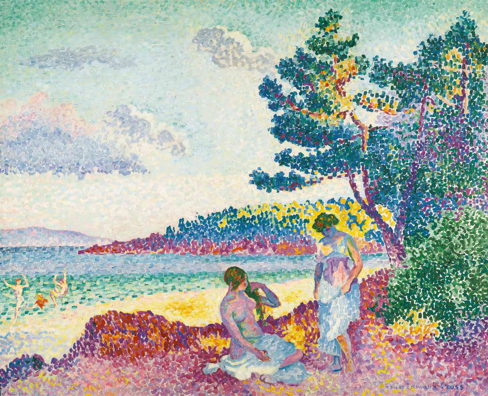 Vibrant Beach Scene Pointillism Wall Art