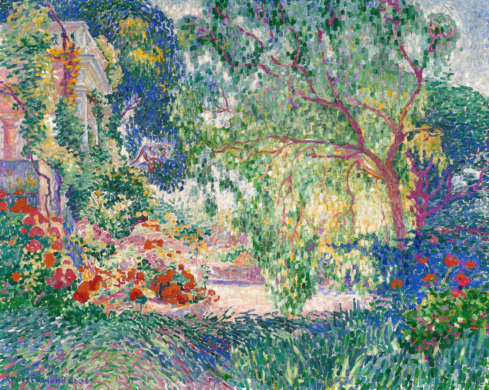 Vibrant Garden Landscape Pointillism Wall Art