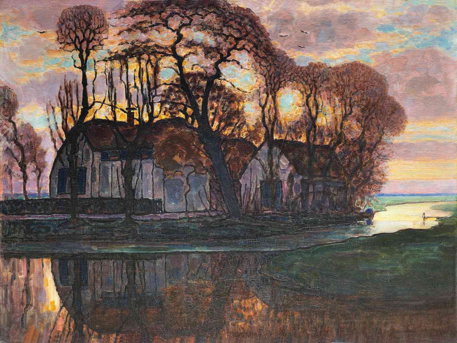 Serene Riverside Village Sunset Wall Art
