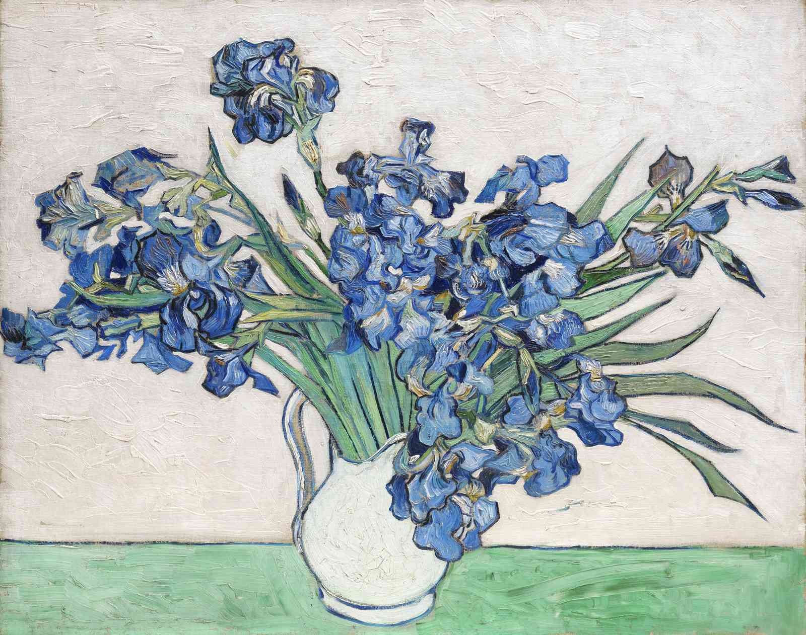 Vibrant Blue Irises in White Vase Wall Art