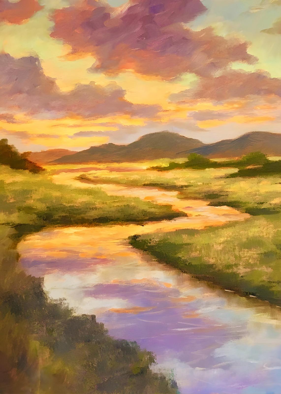 Sunset River Landscape Oil Painting Wall Art