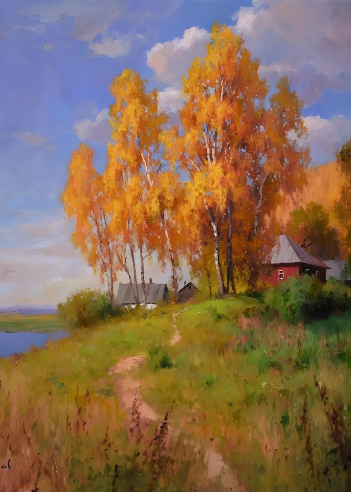 Autumn Birches & Village Wall Art
