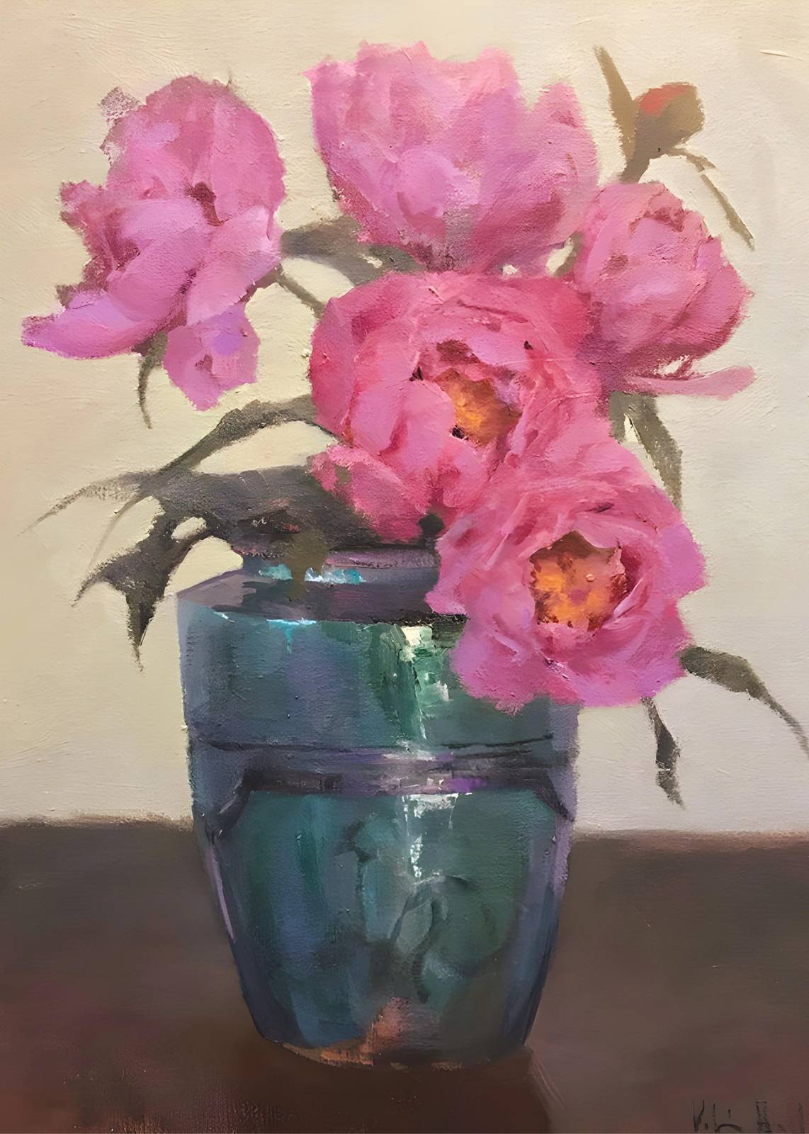 Vibrant Pink Peonies in Teal Vase Wall Art