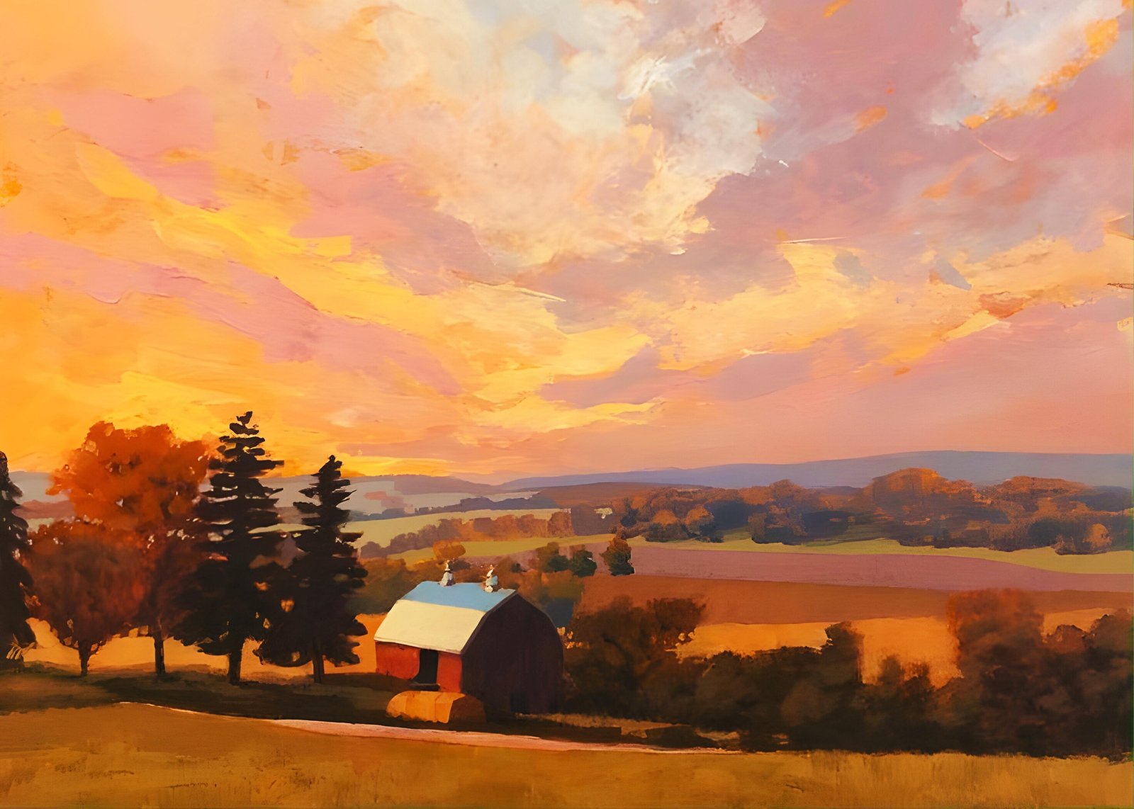 Vibrant Sunset Farm Landscape Wall Art