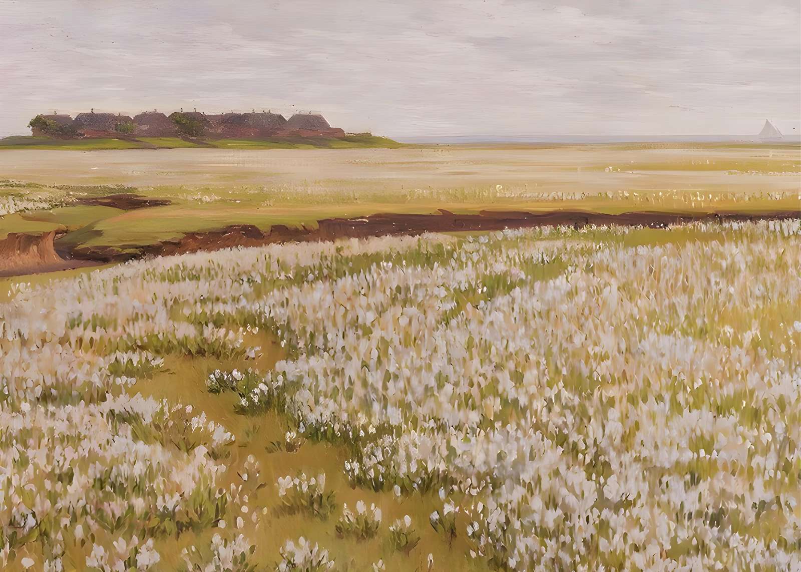 Seaside Meadow with Thatched Cottages Wall Art