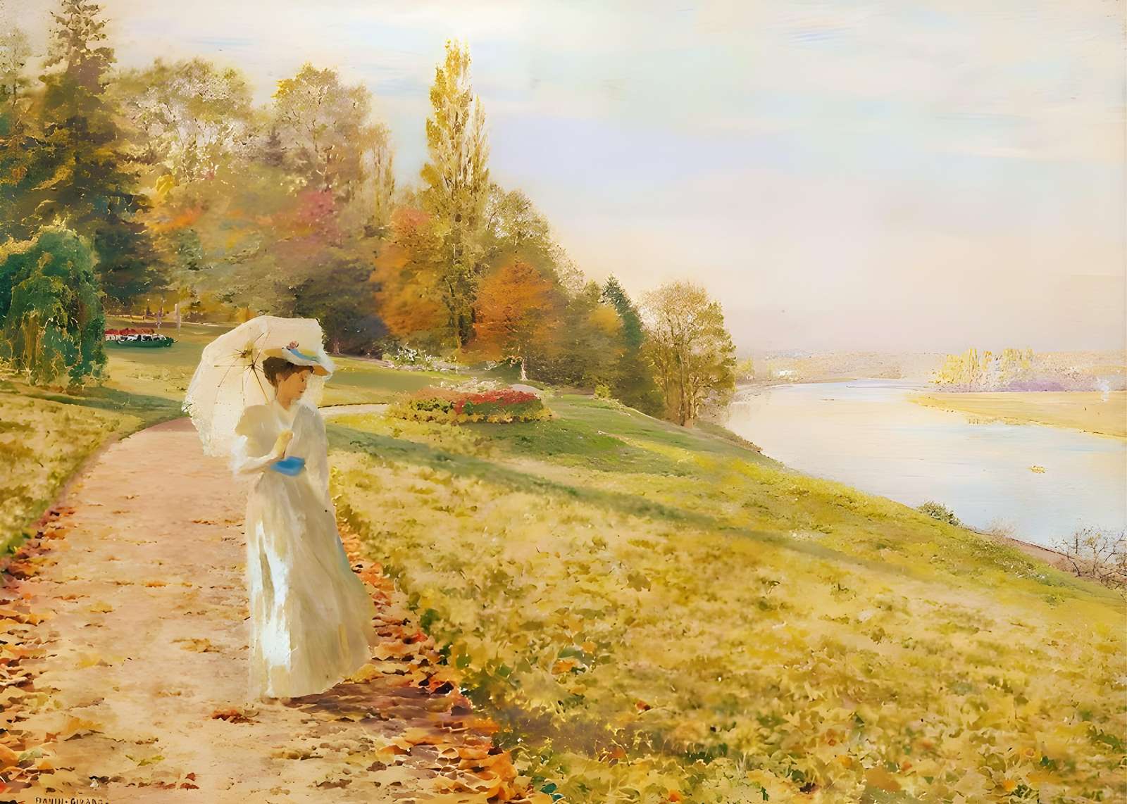 Elegant Autumn Stroll by River Landscape Wall Art