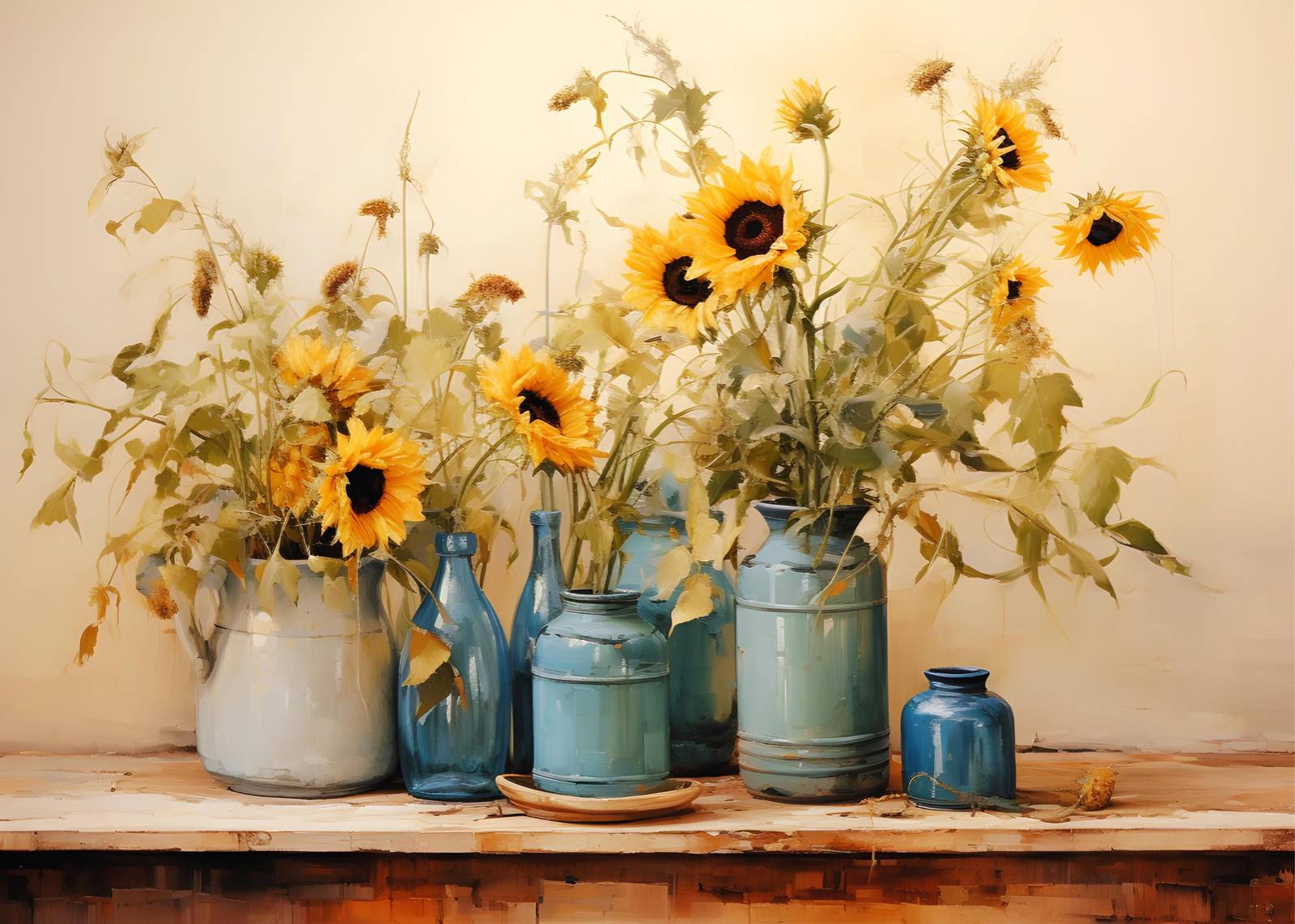 Vibrant Sunflowers in Blue Vases Wall Art