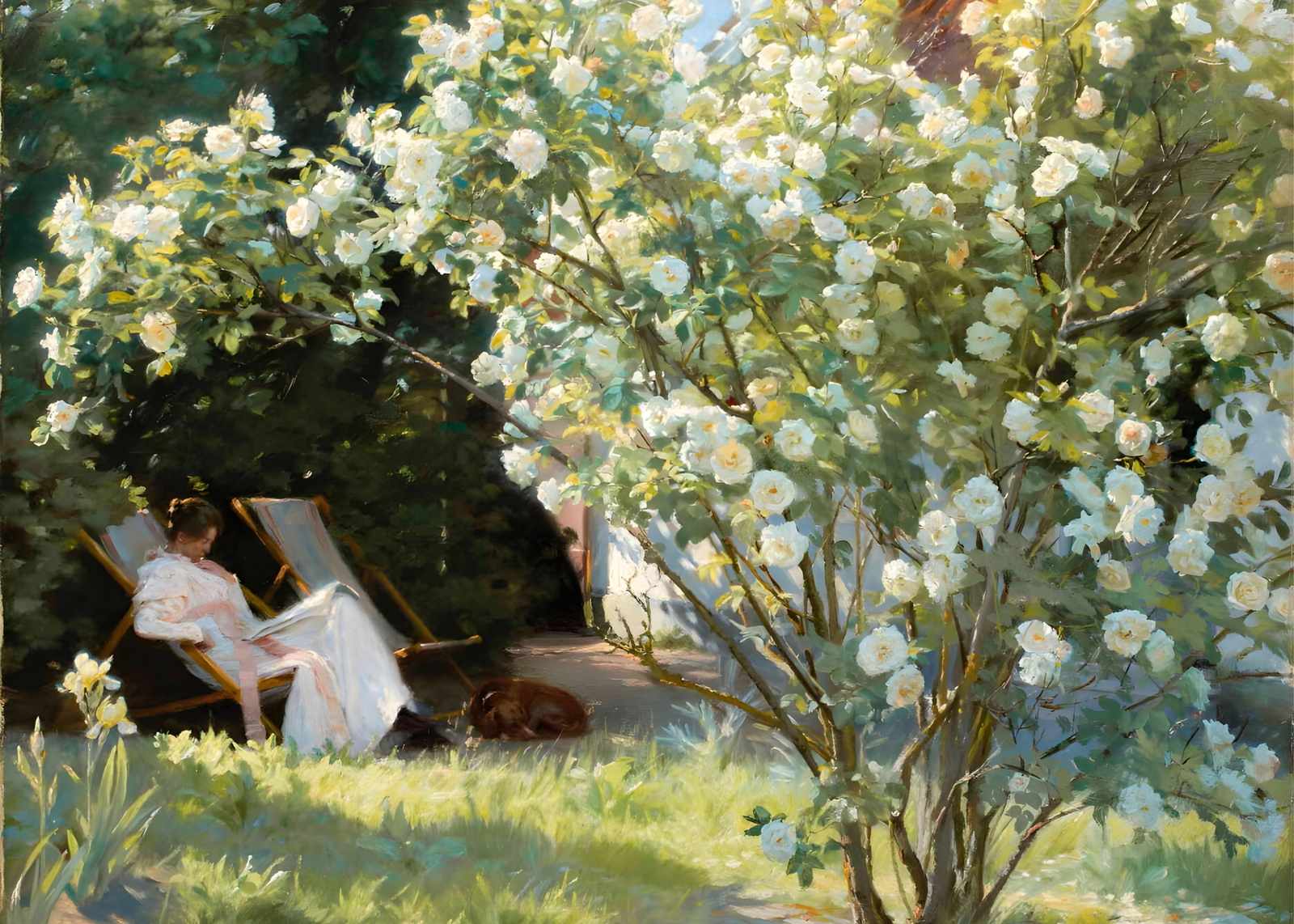 Serene Garden Scene with White Roses Wall Art