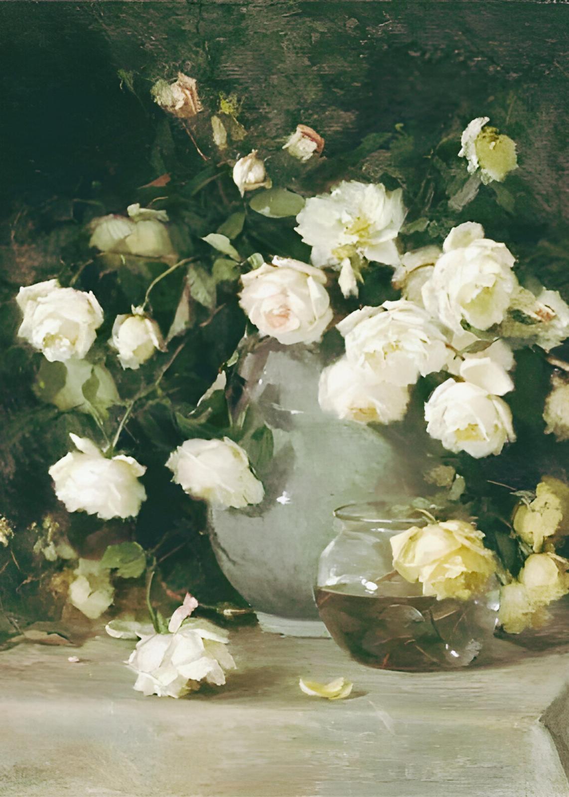 Vintage White Roses Still Life Wall Art