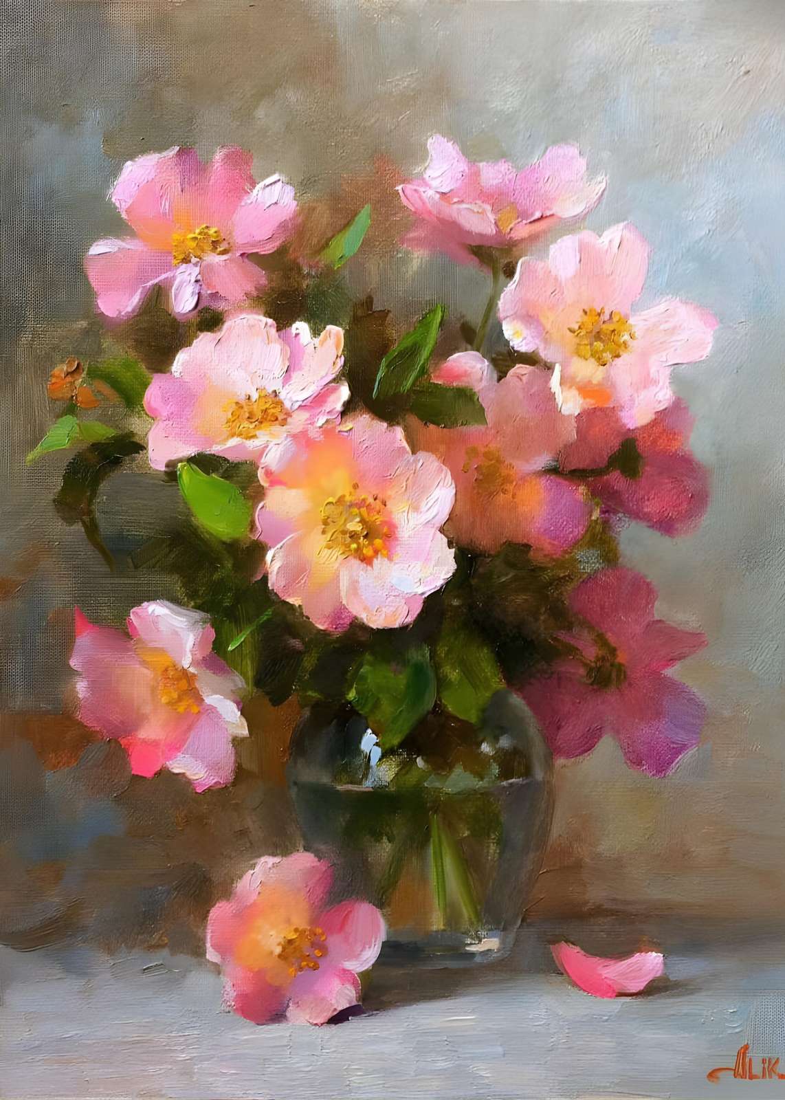 Soft Pink Floral Still Life Oil Painting Wall Art