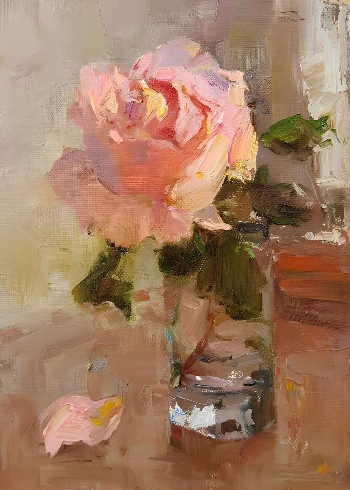 Soft Pink Rose Still Life Oil Painting Wall Art
