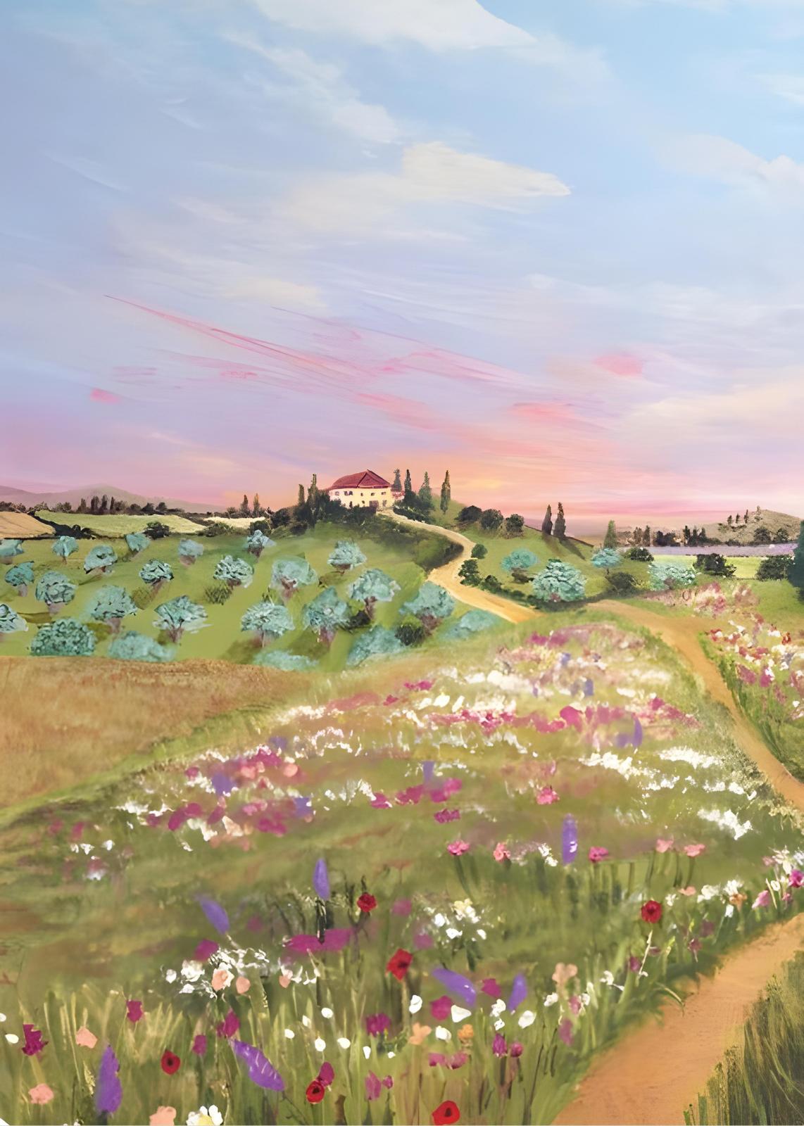 Tuscan Meadow Sunset Landscape Wall Art