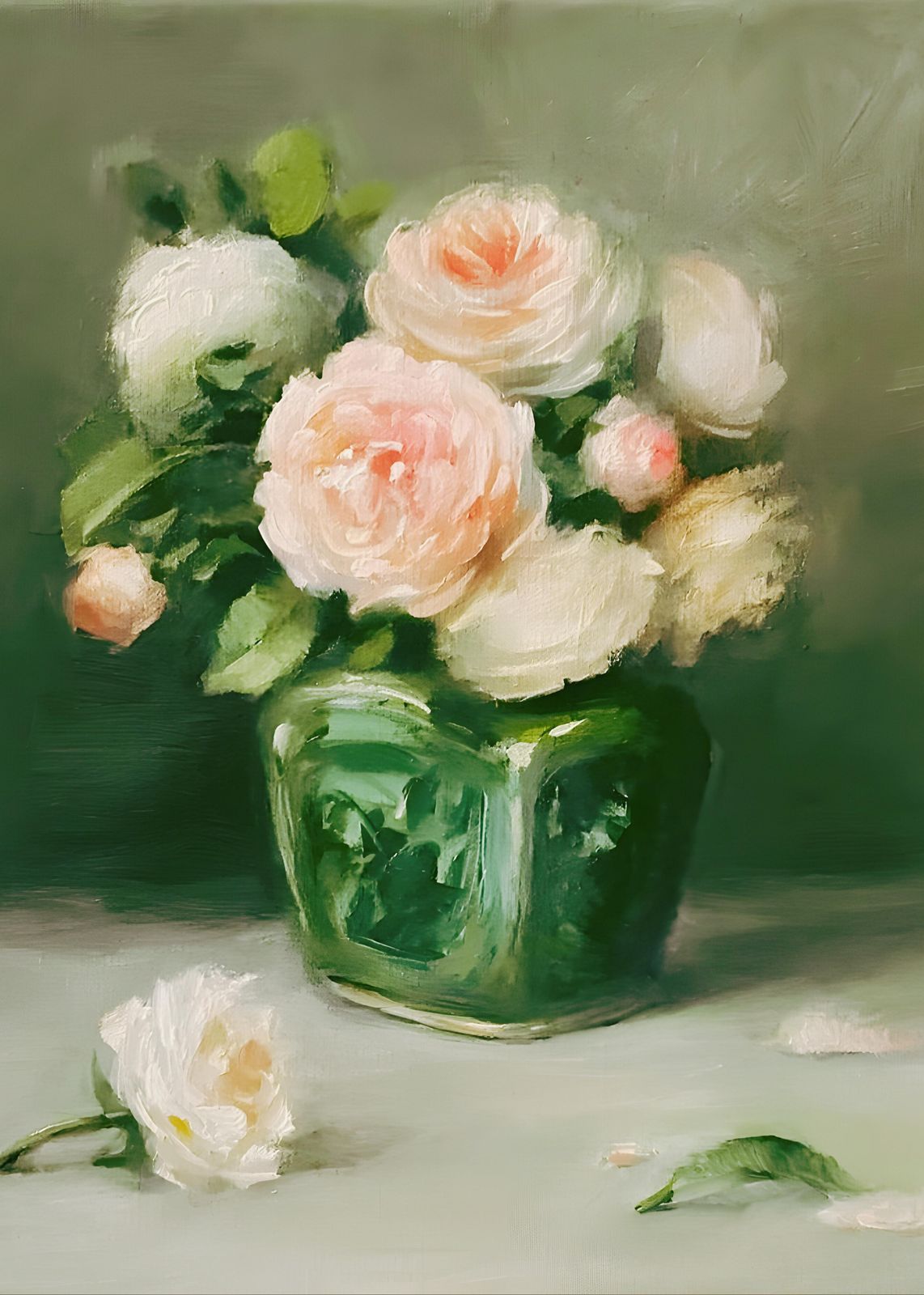 Soft Blush Rose Bouquet Oil Painting Wall Art