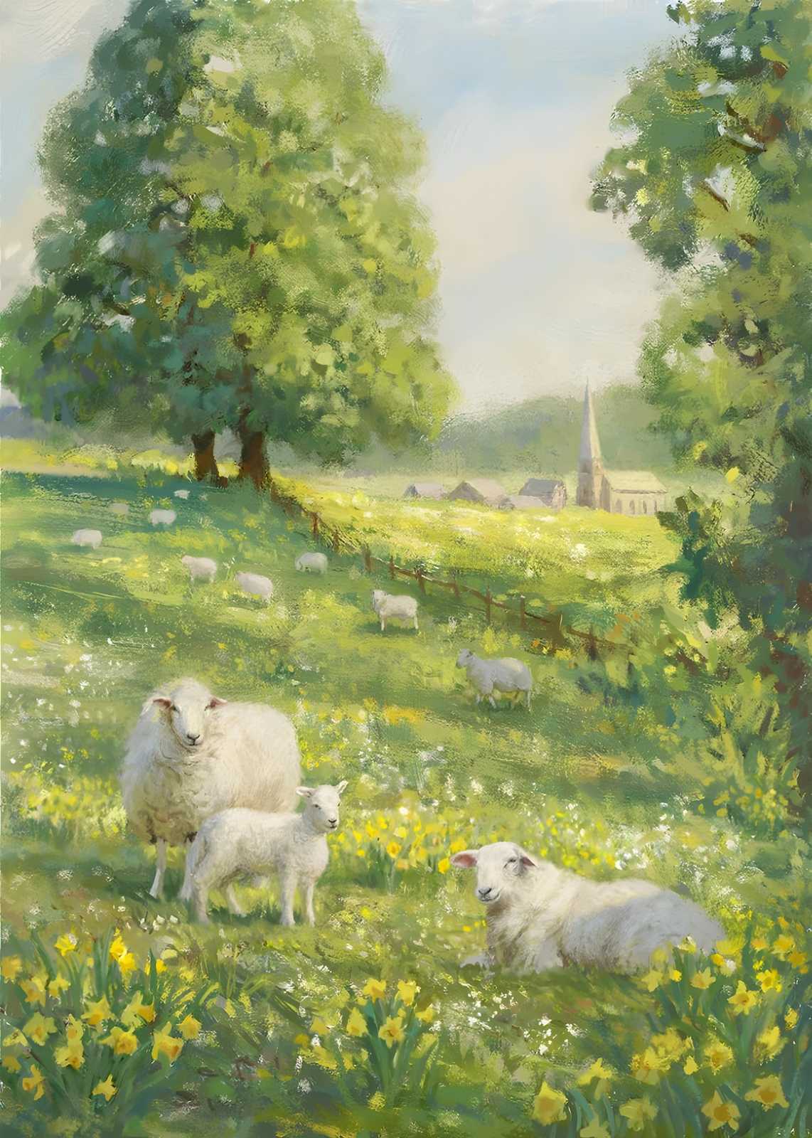 Pastoral Sheep Field Spring Scene Wall Art