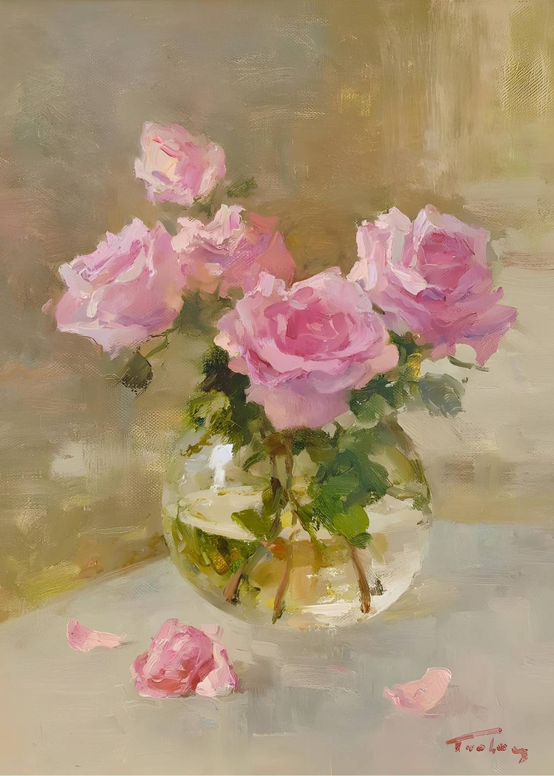 Elegant Pink Roses Still Life Wall Art