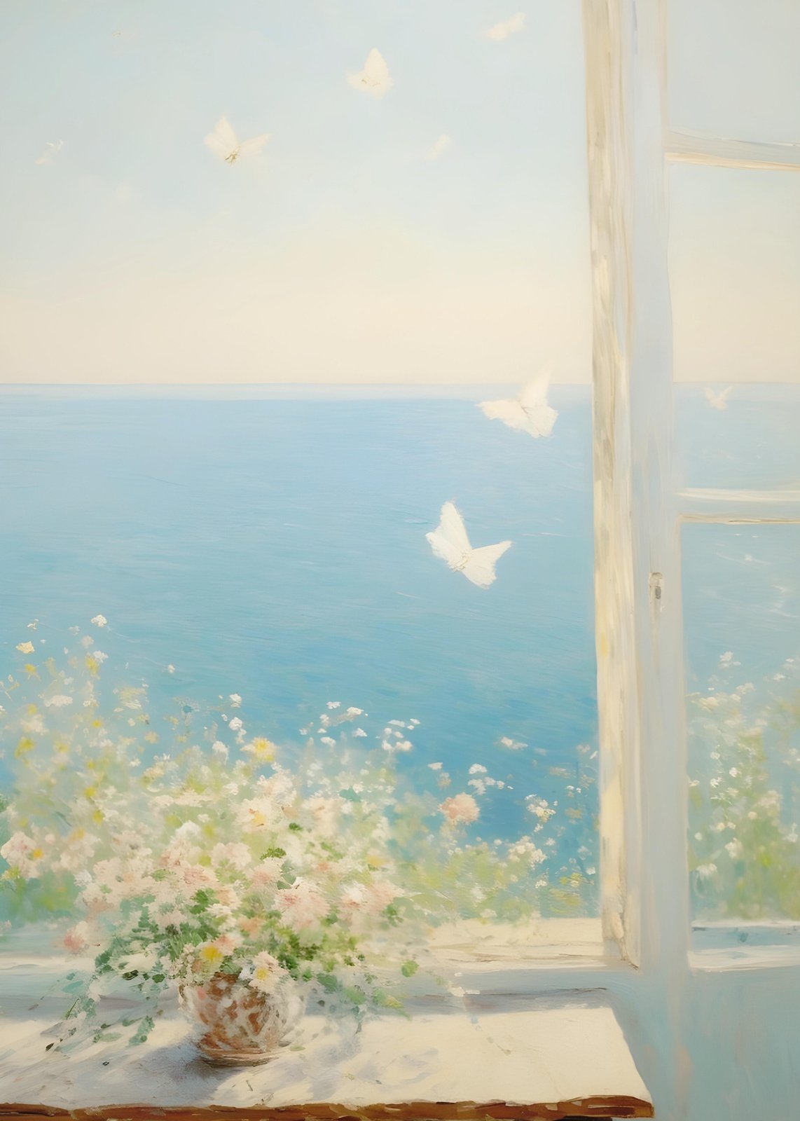 Serene Butterfly Meadow Ocean View Wall Art