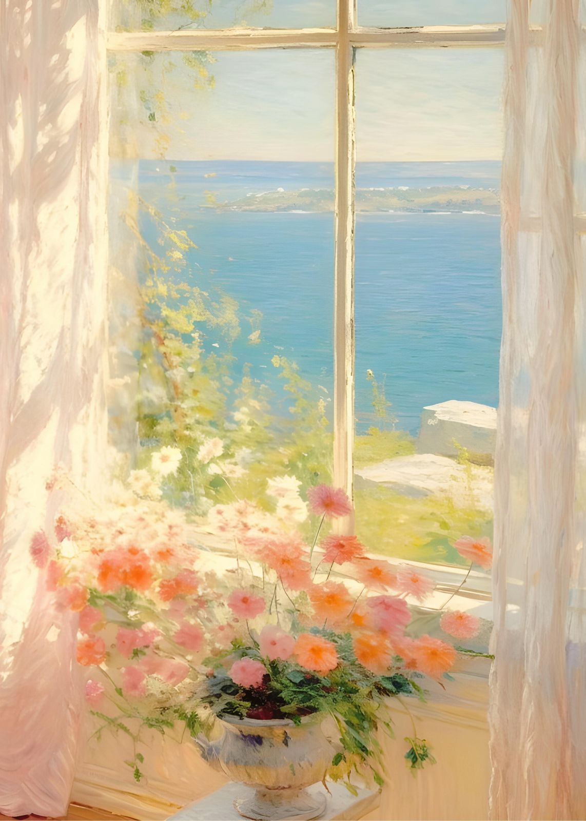 Floral Seaside Window Impressionist Wall Art