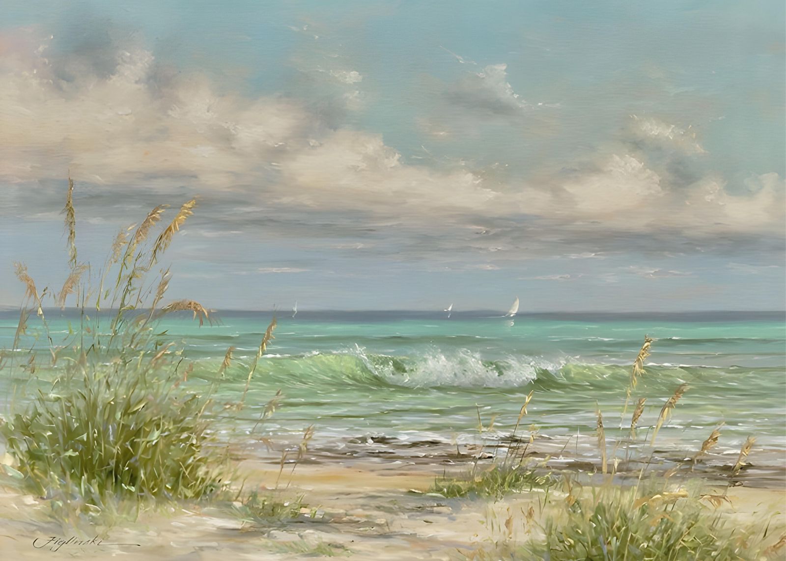 Serene Beach Vista with Sailboats Wall Art