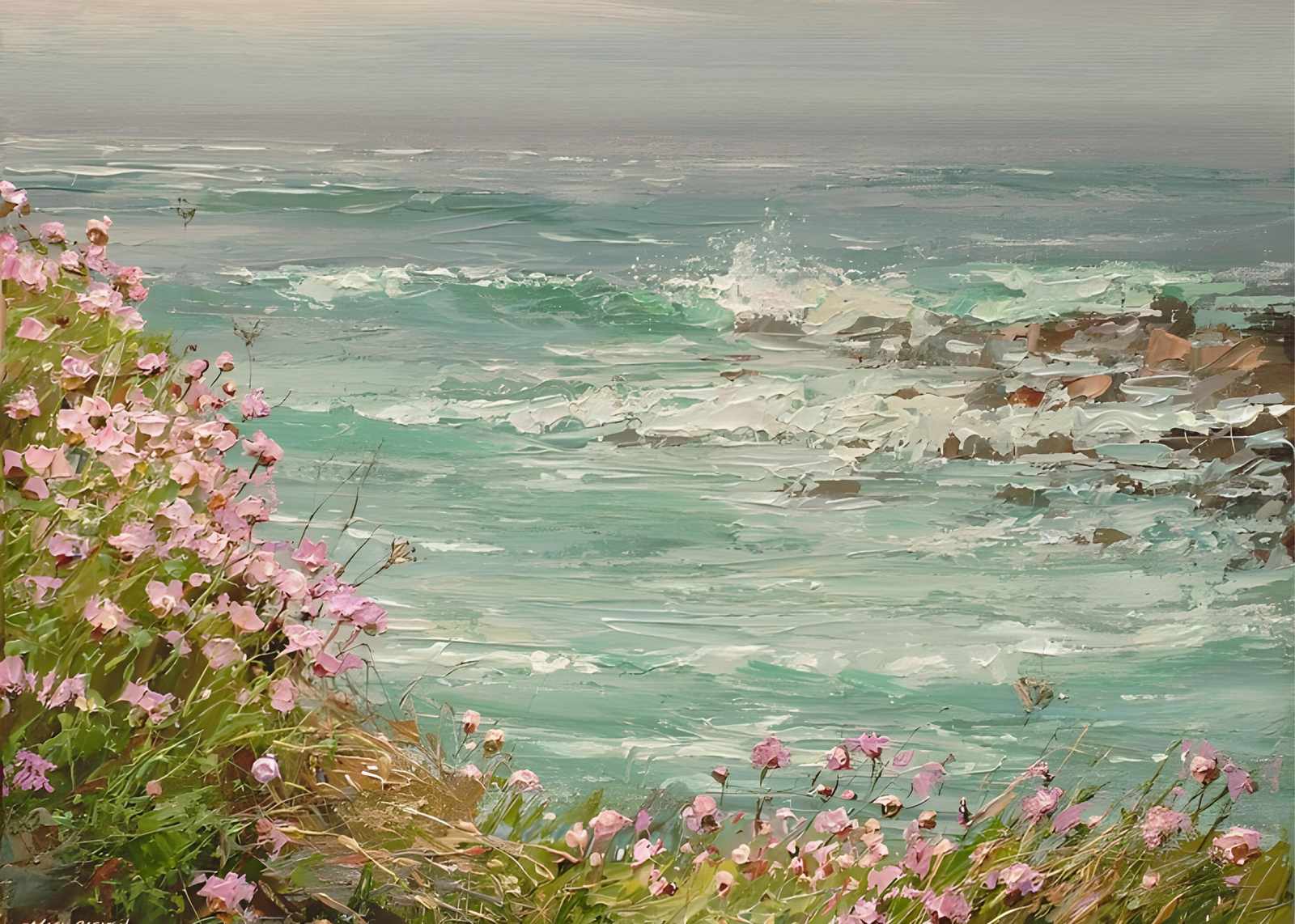 Coastal Wildflowers & Waves Oil Painting Wall Art