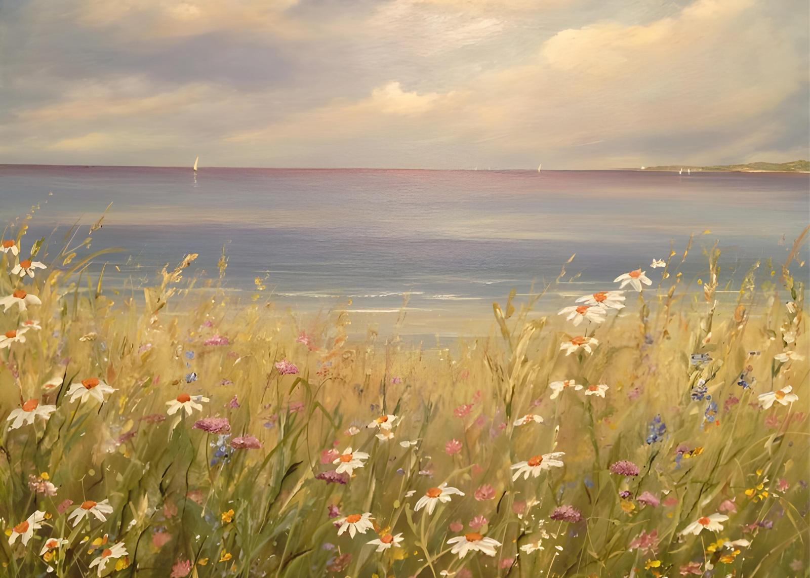 Seaside Meadow Daisy Landscape Wall Art
