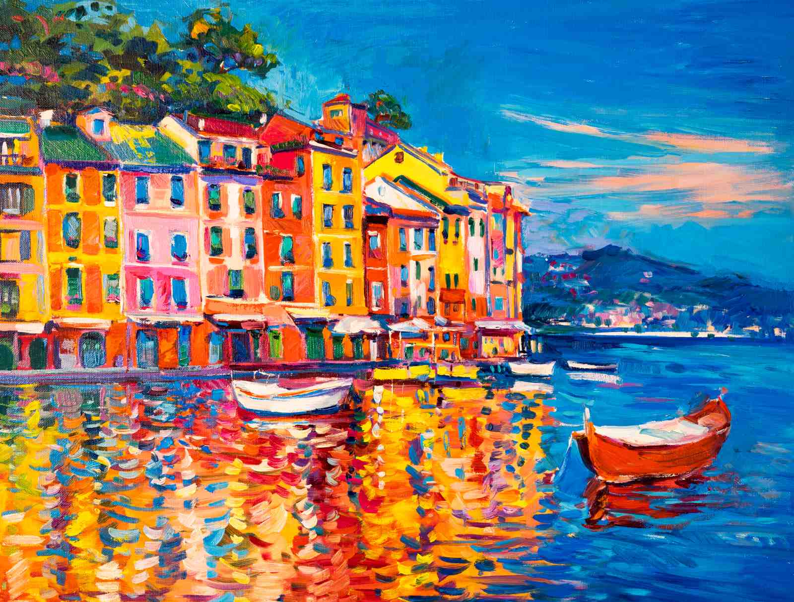 Vibrant Italian Harbor Impasto Wall Art