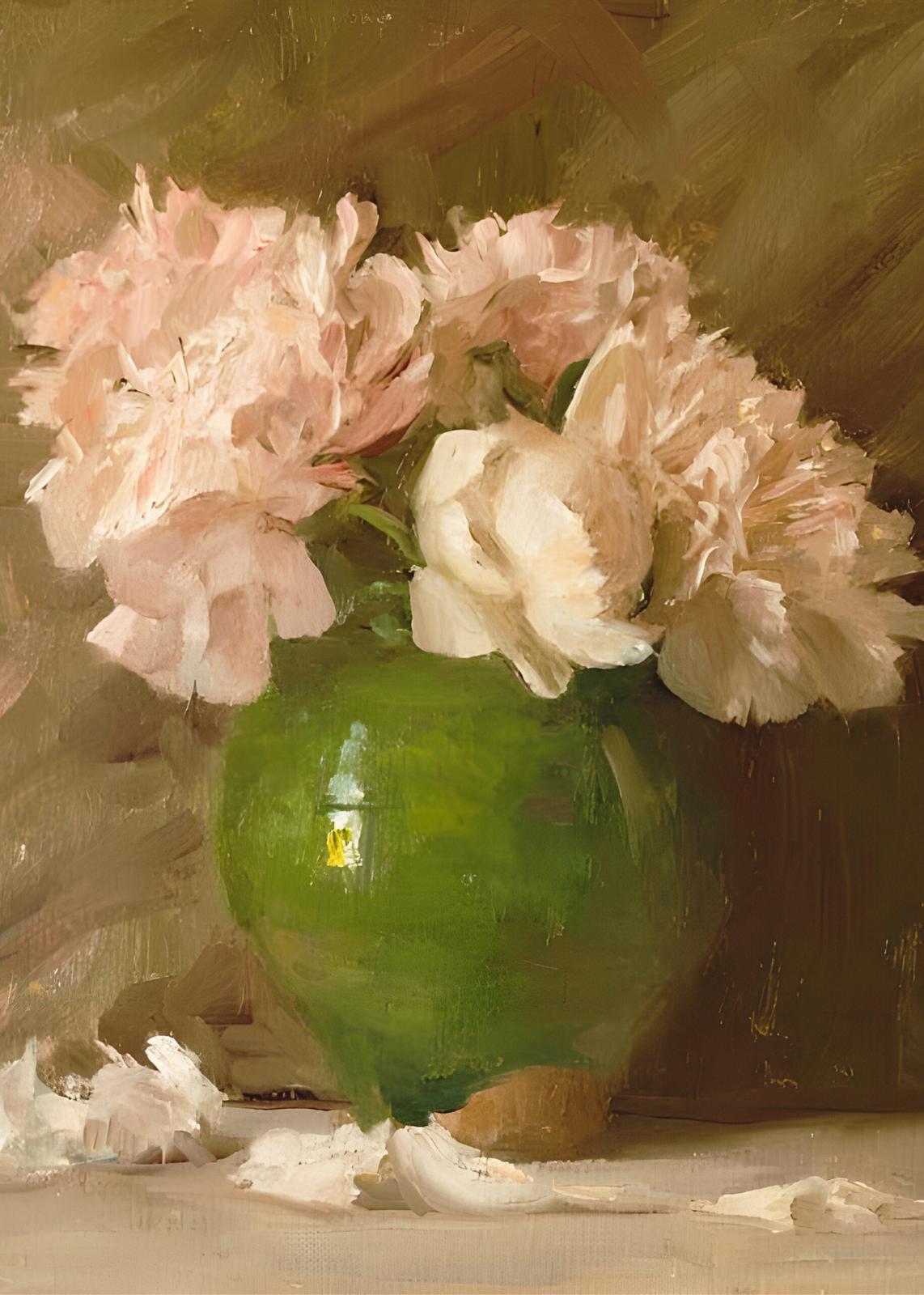 Soft Peonies in Green Vase Wall Art