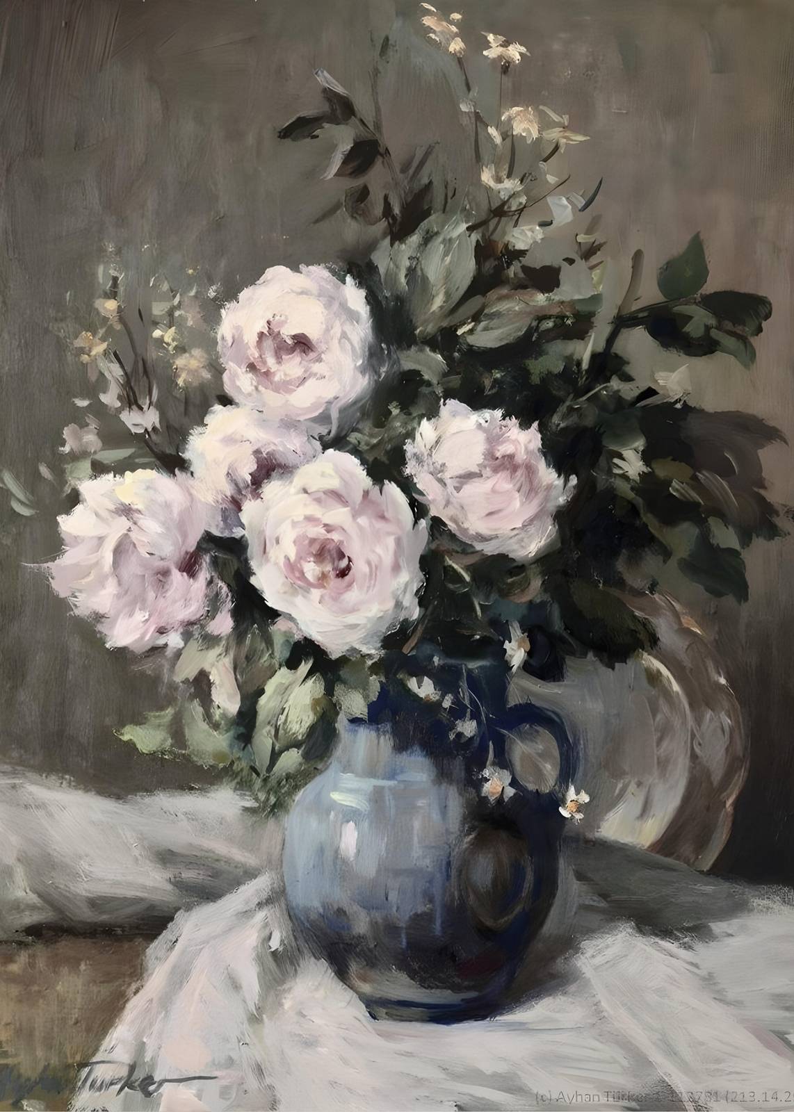 Elegant Blush Peonies in Blue Vase Wall Art
