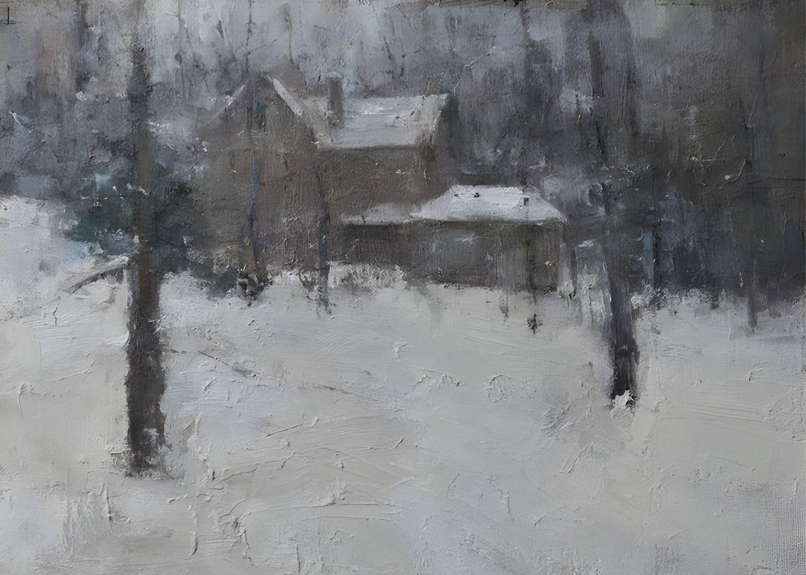 Misty Winter Cabin Impressionist Wall Art