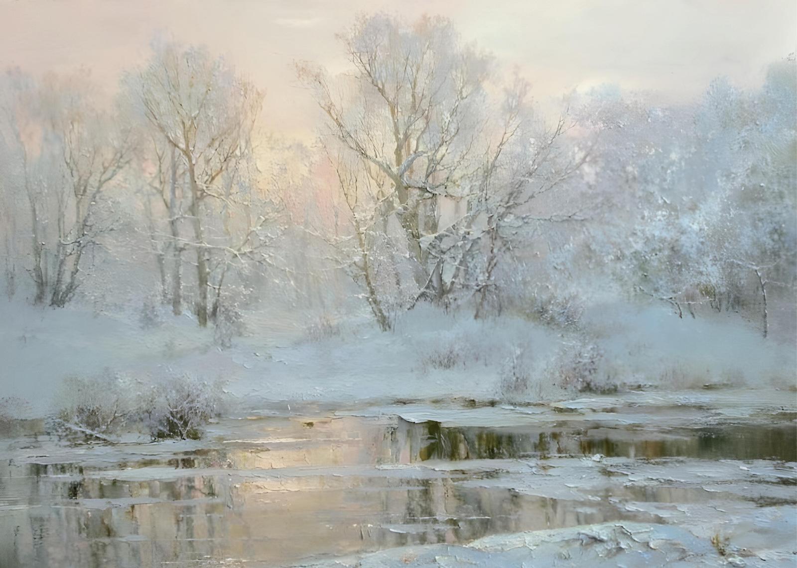 Serene Winter River Landscape Oil Painting Wall Art