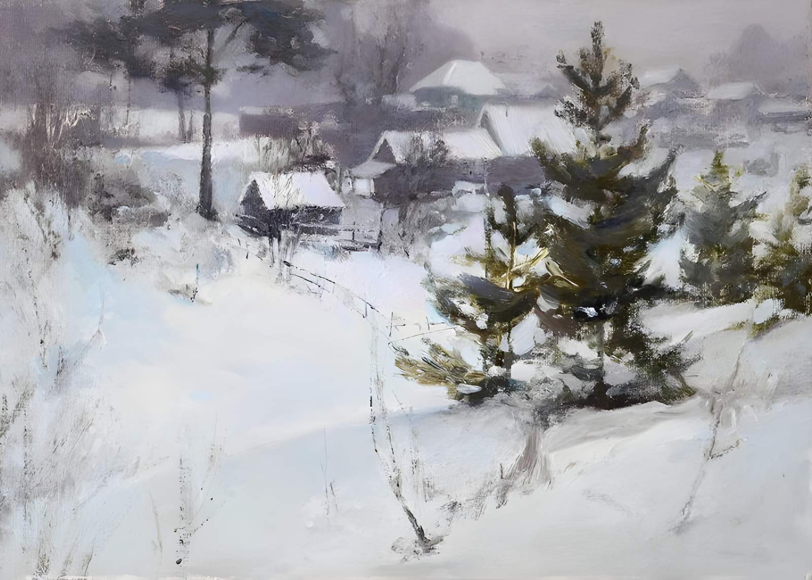Winter Village Serenity Oil Painting Wall Art