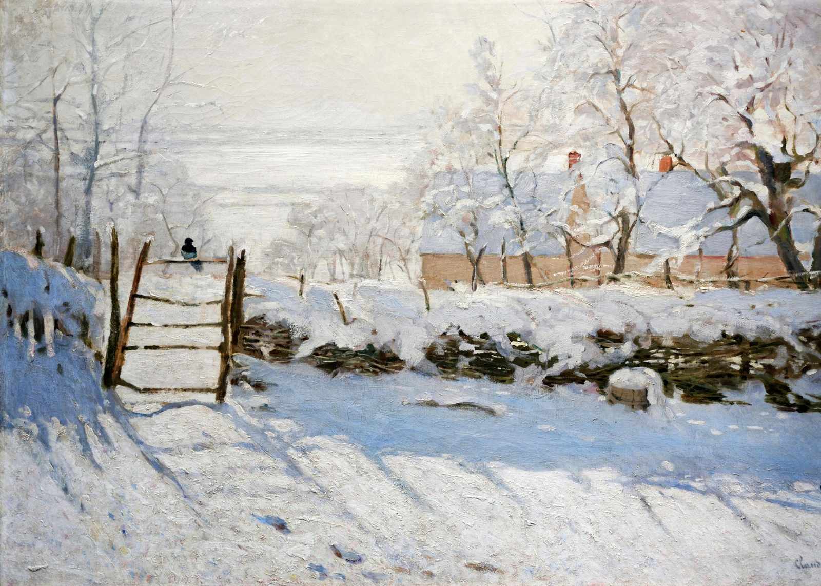 Serene Winter Snow Scene Bird Fence Wall Art
