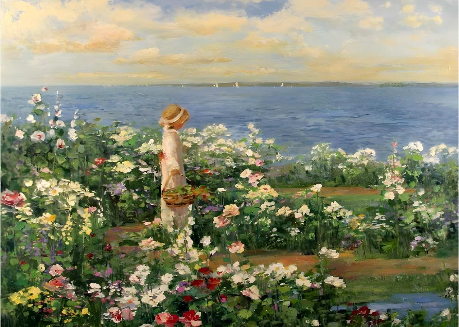 Serene Garden Vista Girl & Sea Wall Art