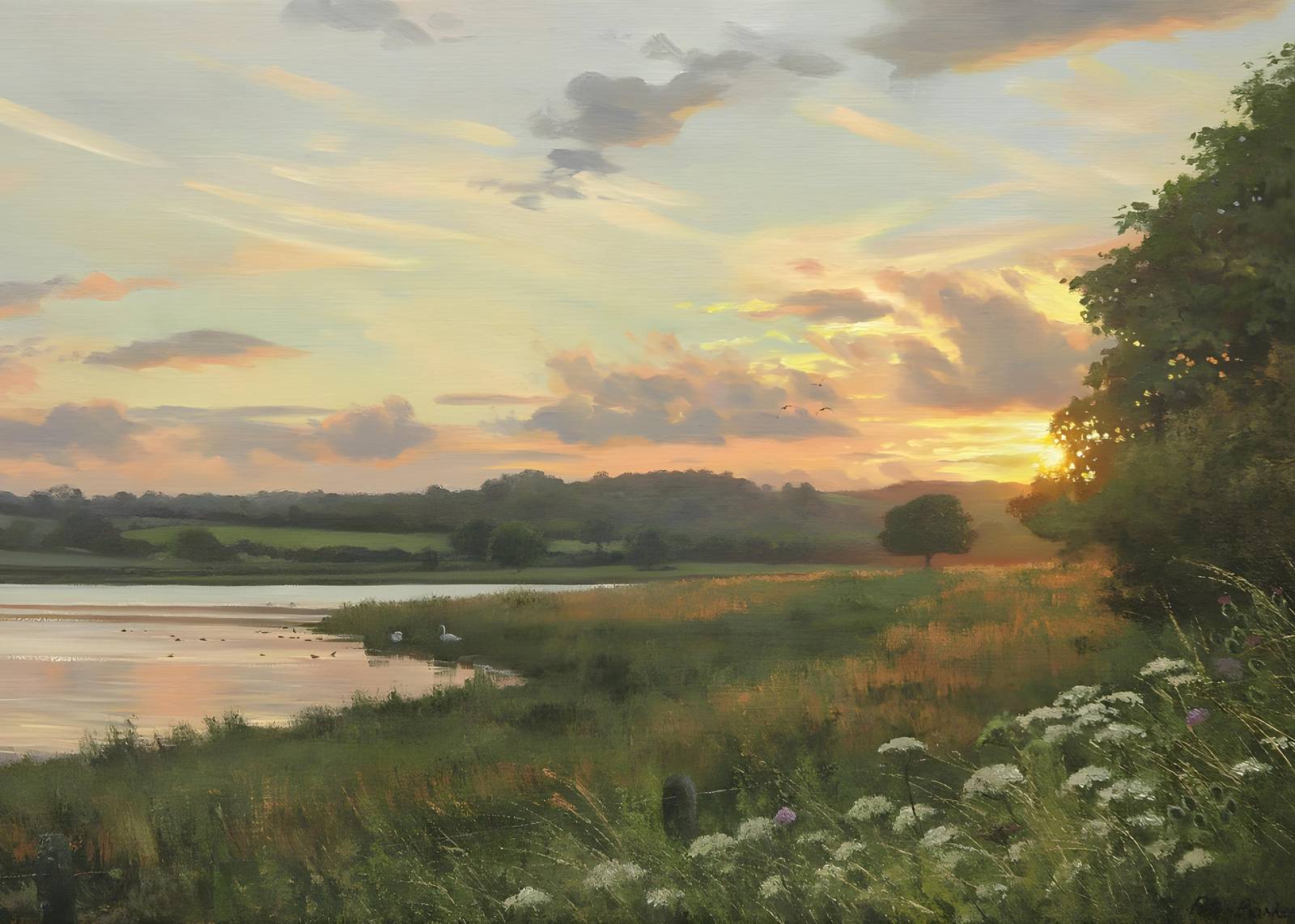 Serene Sunset Lakeside Swans Wall Art
