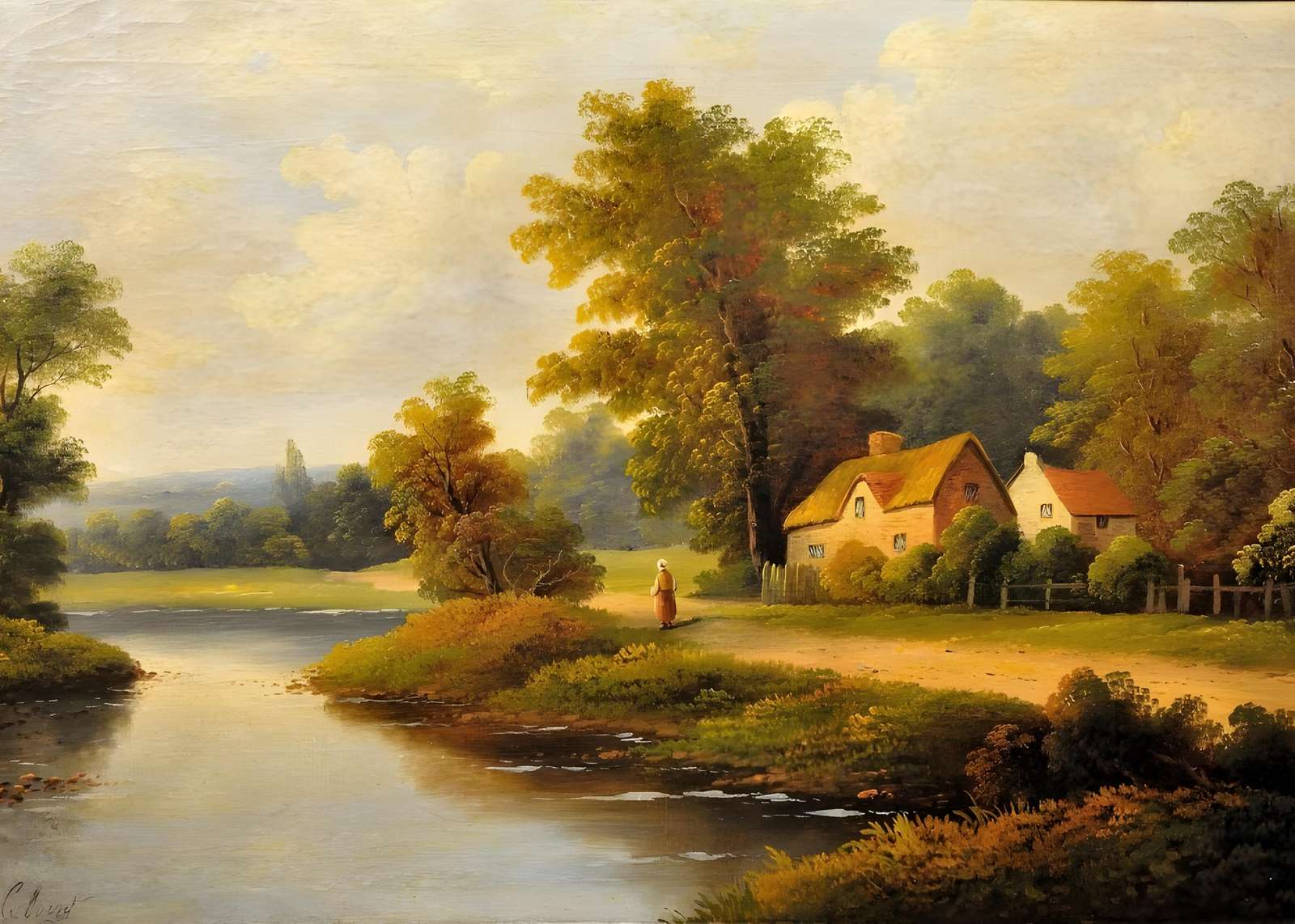 Tranquil Riverside Cottage Landscape Wall Art