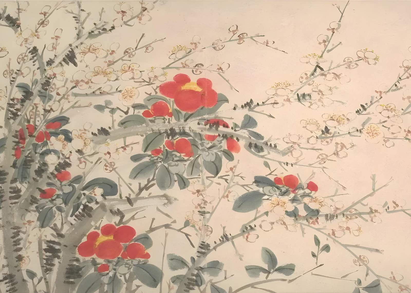 Vibrant Red Camellia & Plum Blossom Wall Art
