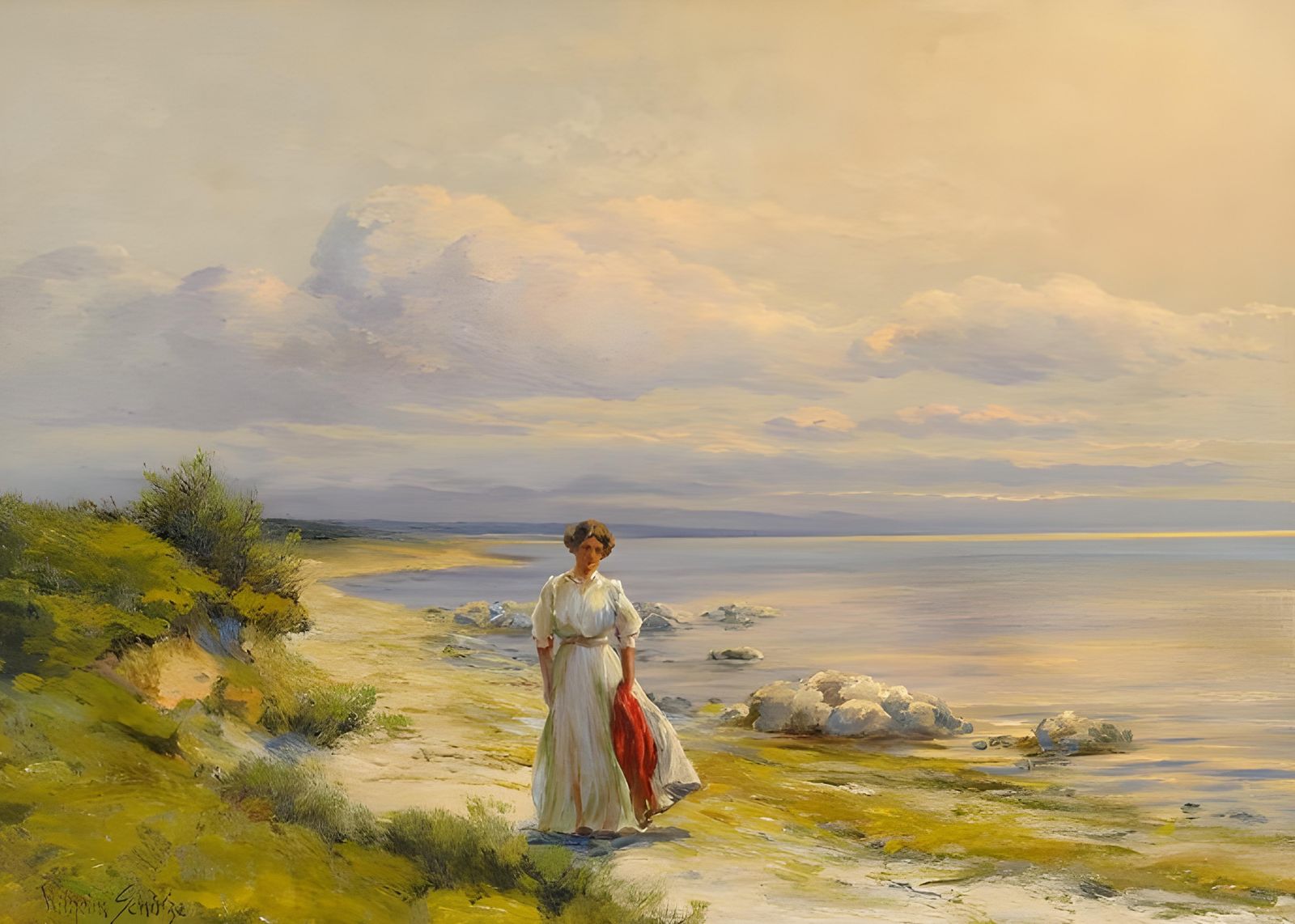 Serene Coastal Walk Vintage Woman Wall Art