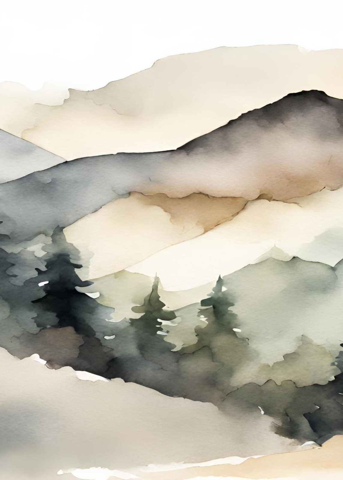 Serene Mountain Landscape Watercolor Wall Art