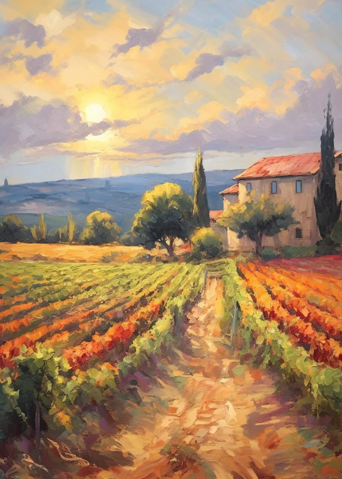 Tuscan Vineyard Sunset Landscape Wall Art