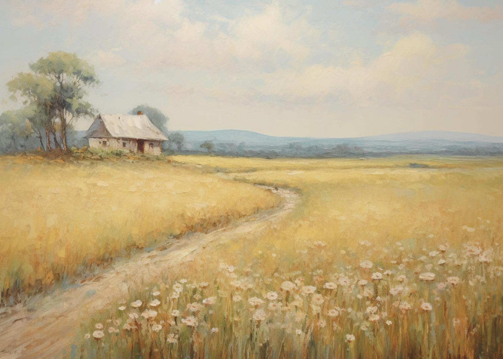 Serene Countryside Landscape Oil Painting Wall Art
